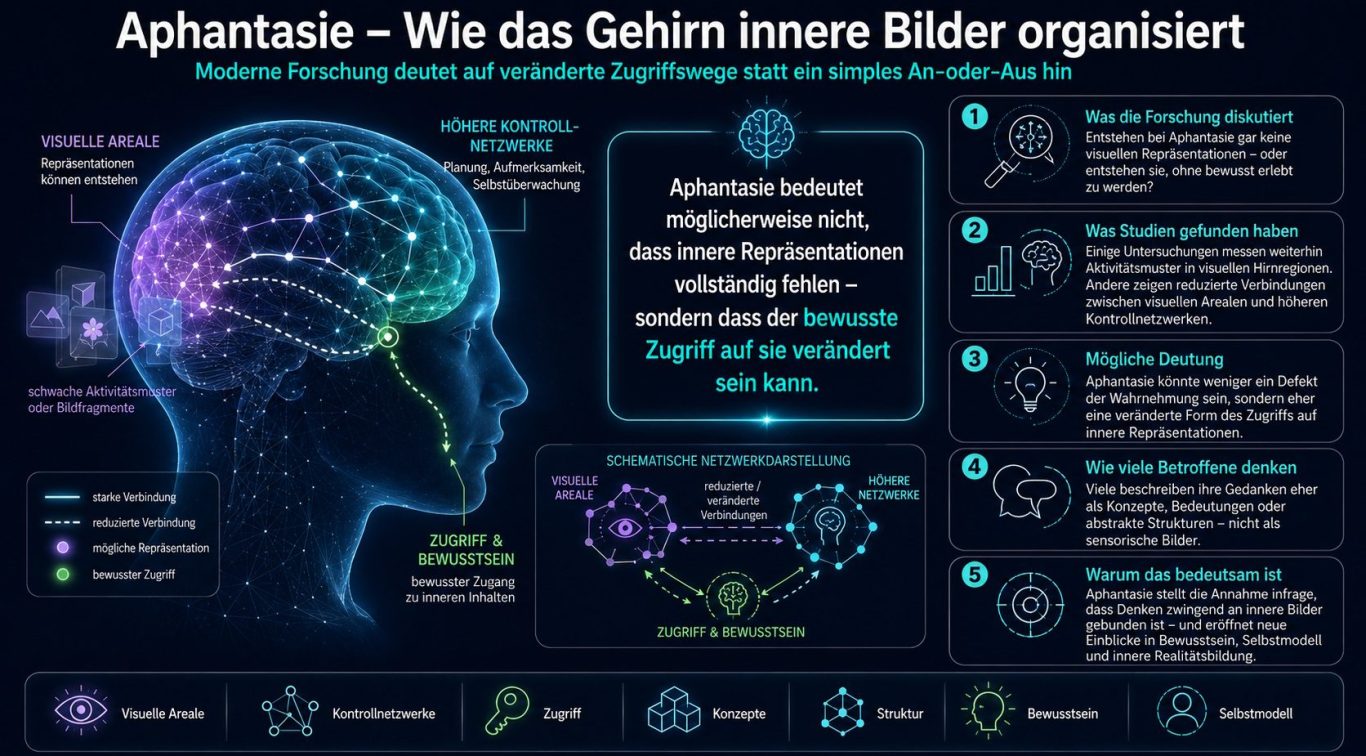 Kopf mit galaktischen Elementen, Baum und Silhouette einer Person in Traumlandschaft.