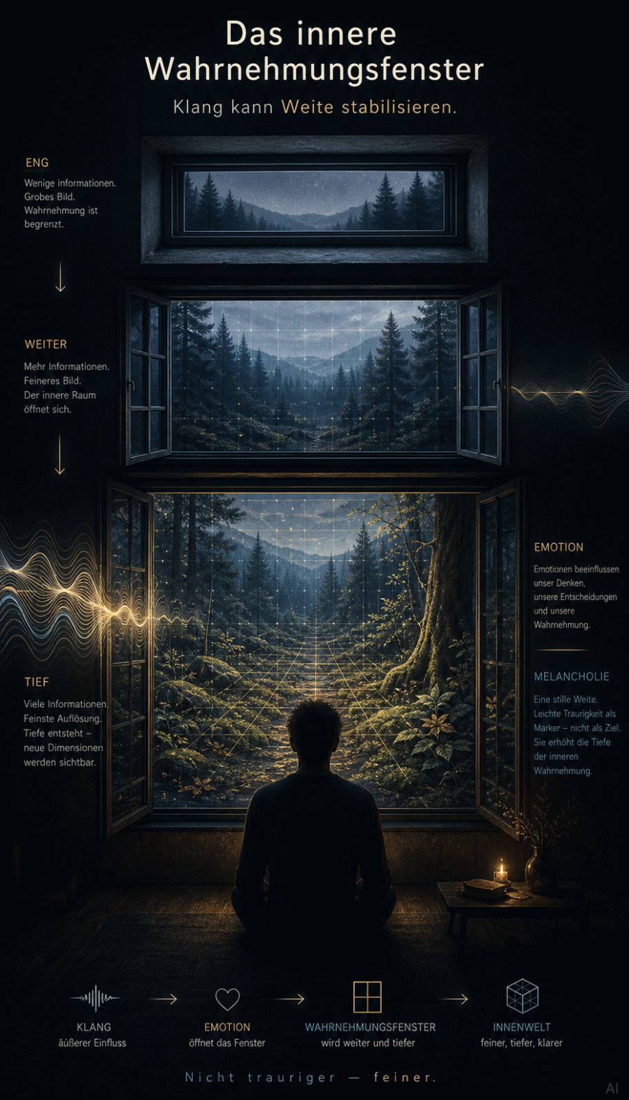 Person sitzt vor einem Fenster, das einen Wald und Lichtstrahlen zeigt.