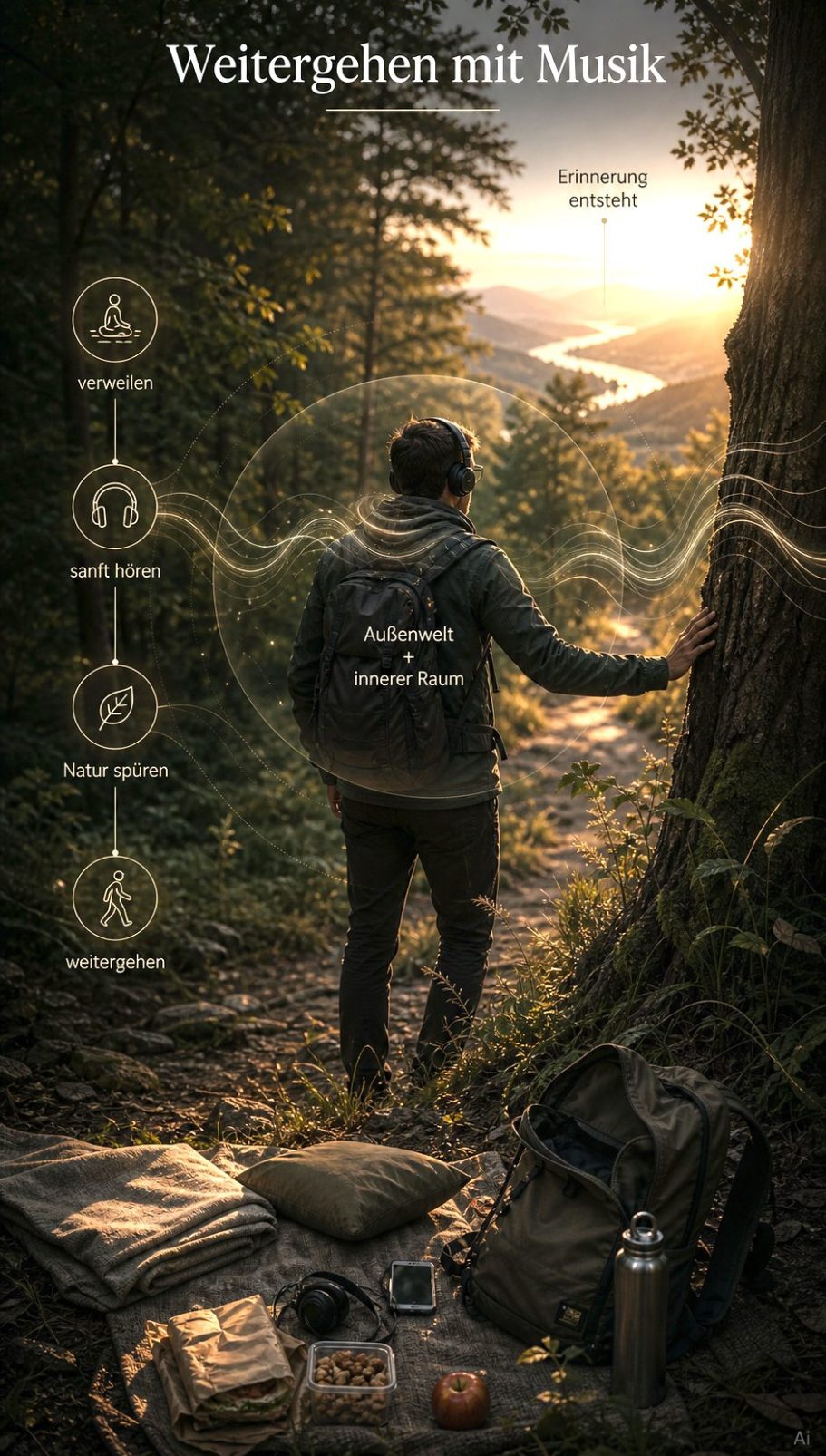 Musik erleben Person steht im Wald, betrachtet die Landschaft bei Sonnenuntergang, Rucksack und Notizen dabei.
