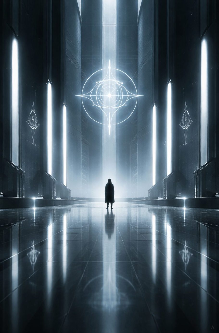 Mann erkennt sich selbst Dunkler Korridor mit einem silbernen Symbol und einer mysteriösen Gestalt im Vordergrund.