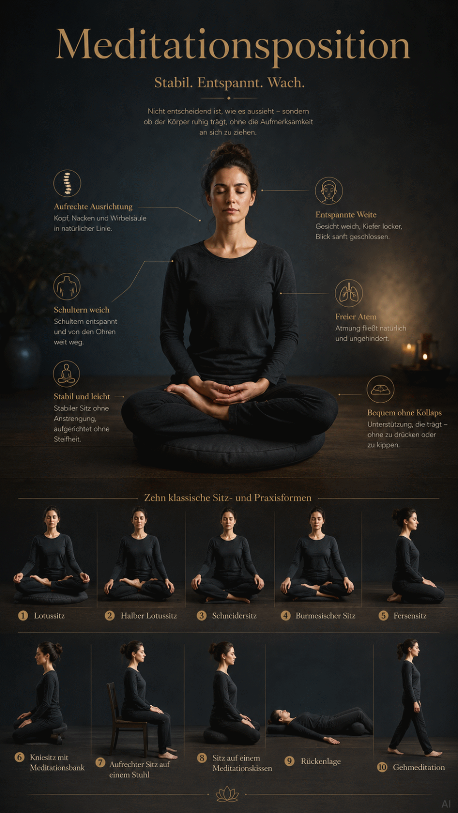 Eine Anleitung mit verschiedenen Meditationspositionen zur Verbesserung der Praxis.