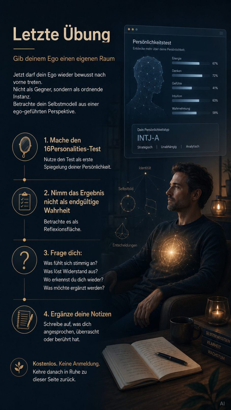 Persönlichkeit test Ein Mann sitzt am Tisch und liest über ein Thema zur geduldigen Übung.