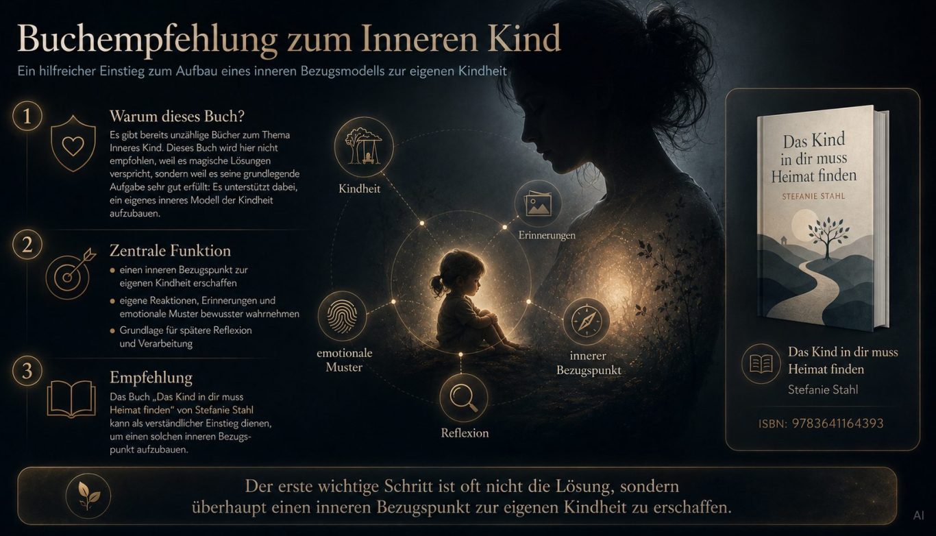 Buchempfehlung Grafik zur Buchempfehlung über das innere Kind mit Symbolen und einem Menschenprofil.