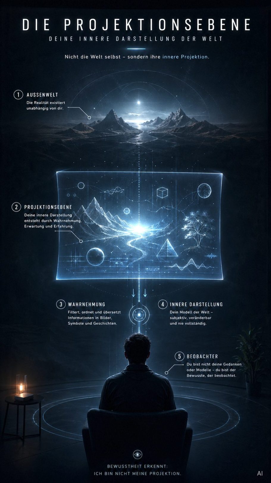 Die Projektionsebene Mann sitzt vor holografischer Projektionsoberfläche mit Daten und Berglandschaft.