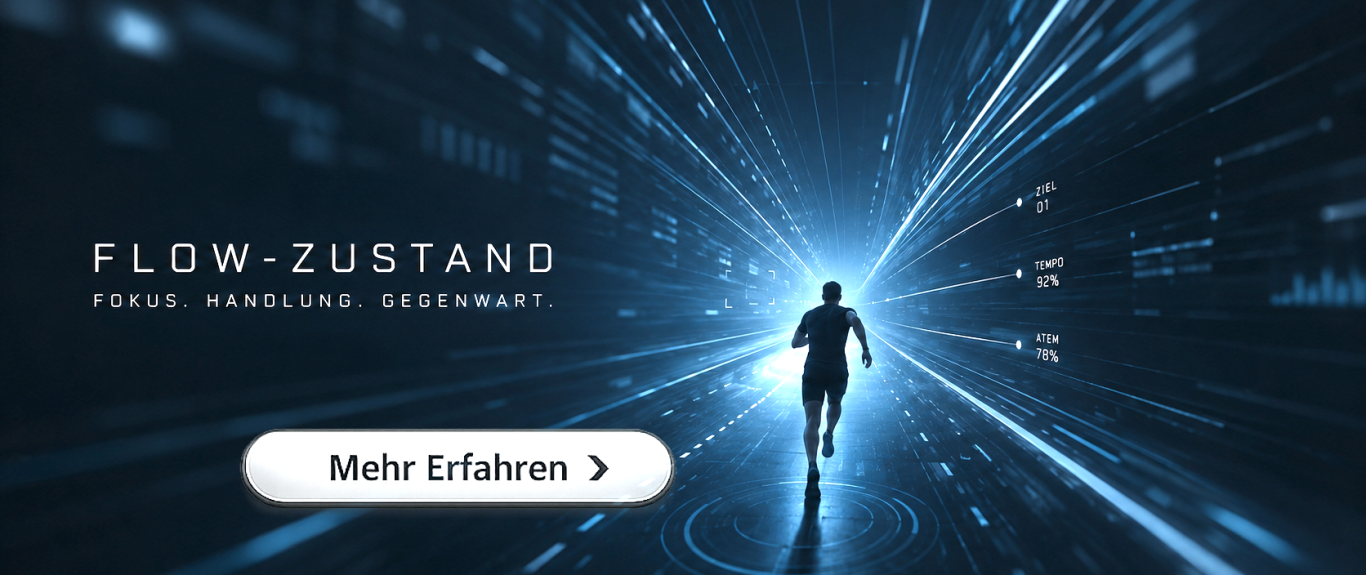 Person, die in dynamischer Umgebung mit Lichtstreifen und digitalen Elementen läuft. Link zum Flow Zustand