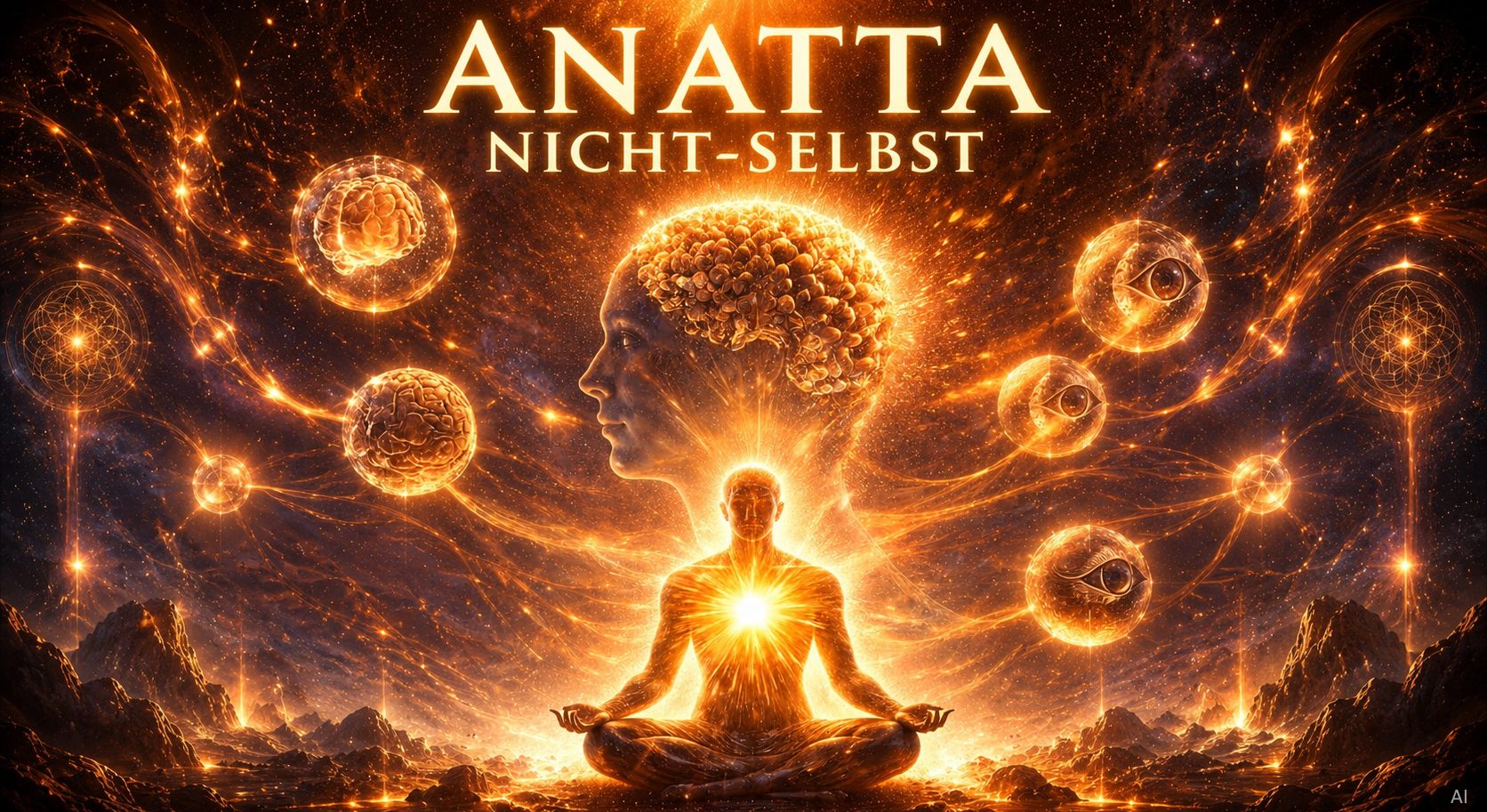 Anatta nicht Selbst Ein meditierender Mensch umgeben von leuchtenden, abstrakten Energien und Symbolen.