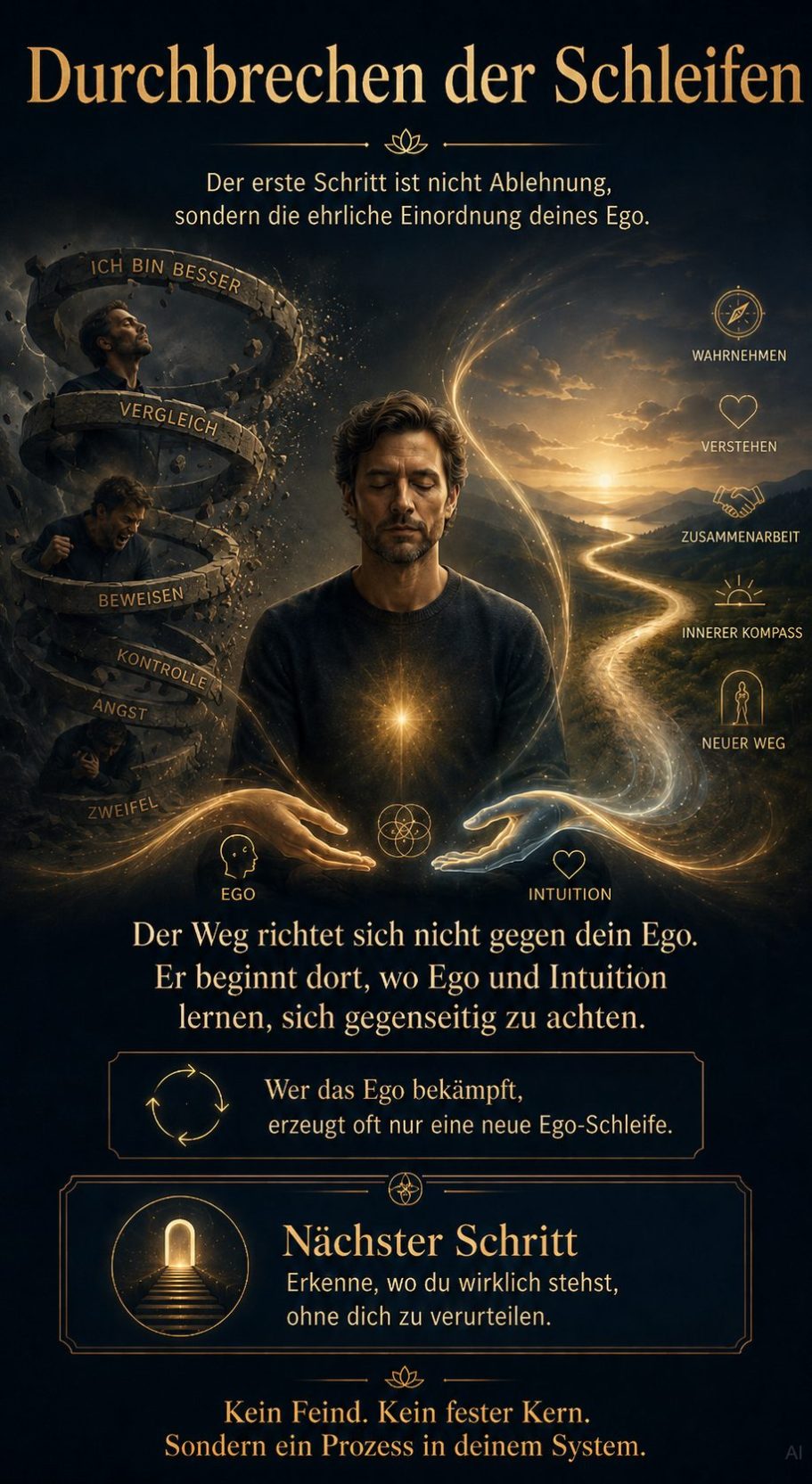 Ein Mann steht vor einem Weg, umgeben von symbolischen Elementen, die Veränderung darstellen.