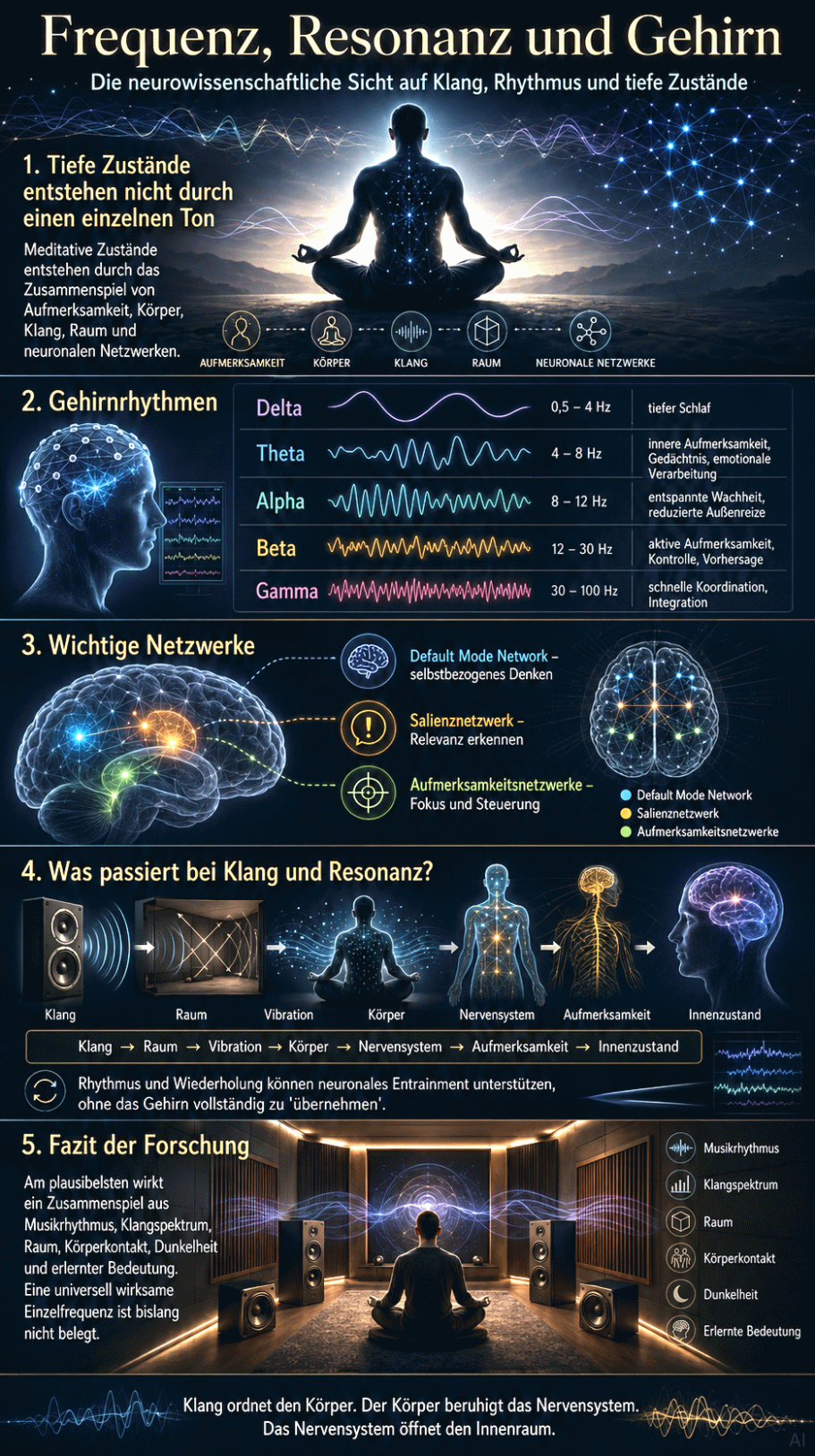 Meditierende Person mit Schallwellen und Diagrammen zu Frequenzen und Resonanz.