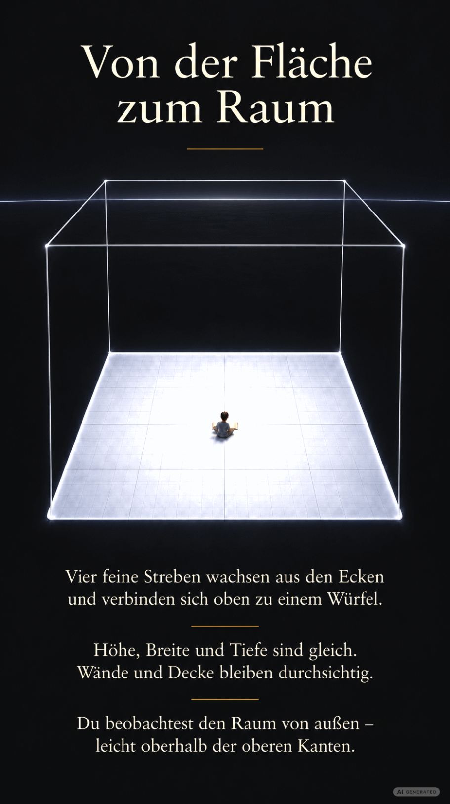 Von der Fläche zum Raum Ein Junge sitzt auf dem Boden eines Raumes und betrachtet den Horizont.