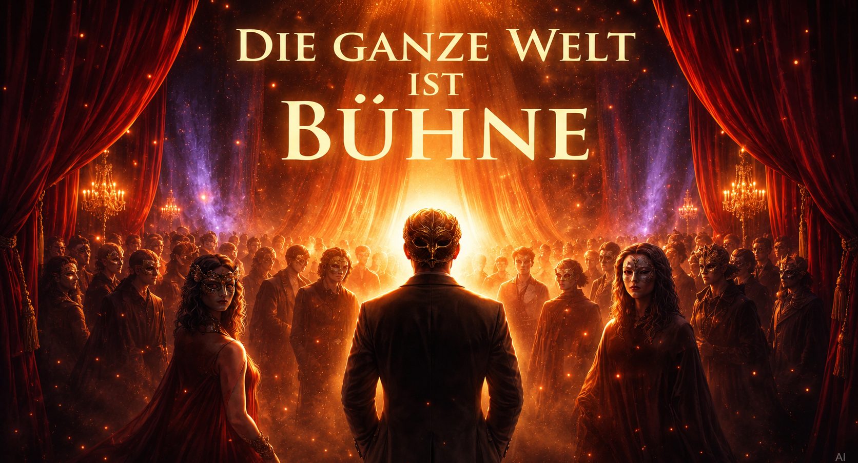 Die ganze Welt ist Buhne Silhouette eines Mannes vor einer großen Menschenmenge, inszeniert wie eine Bühne.
