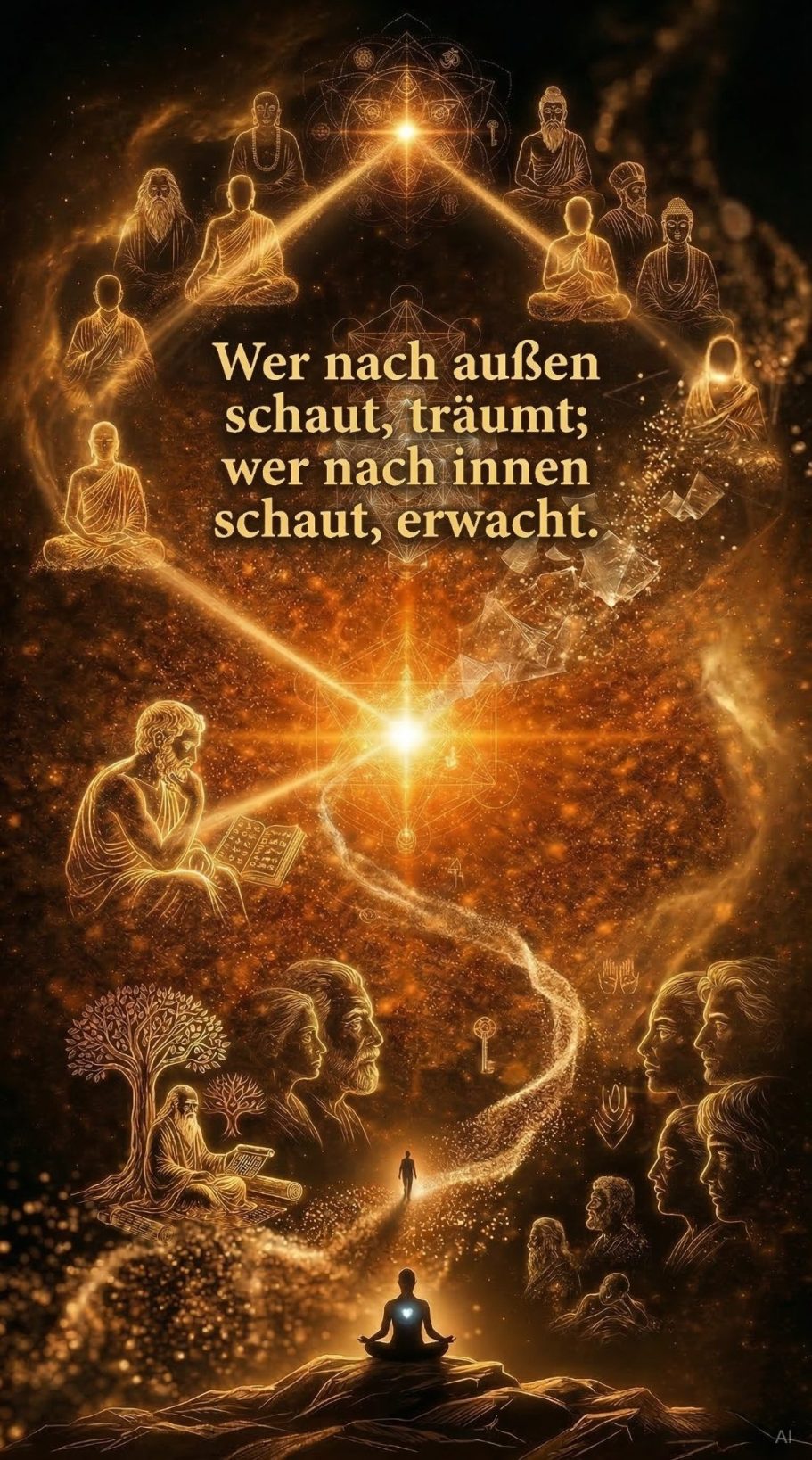 Wer nach innen schaut erwacht Künstlerische Darstellung mit spirituellen Figuren und einem leuchtenden Zentrum.