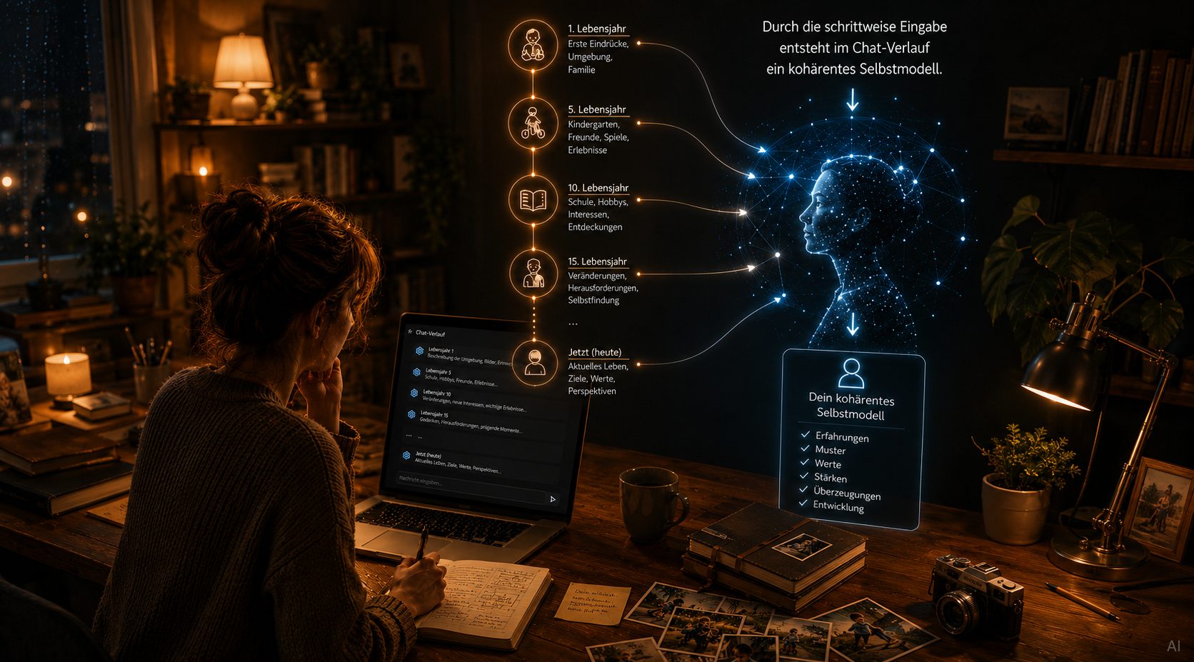 Kindheit Aufarbeiten mit KI Frau arbeitet am Schreibtisch, umgeben von Technologie und Notizen, mit Datenvisualisierung im Hintergrund.