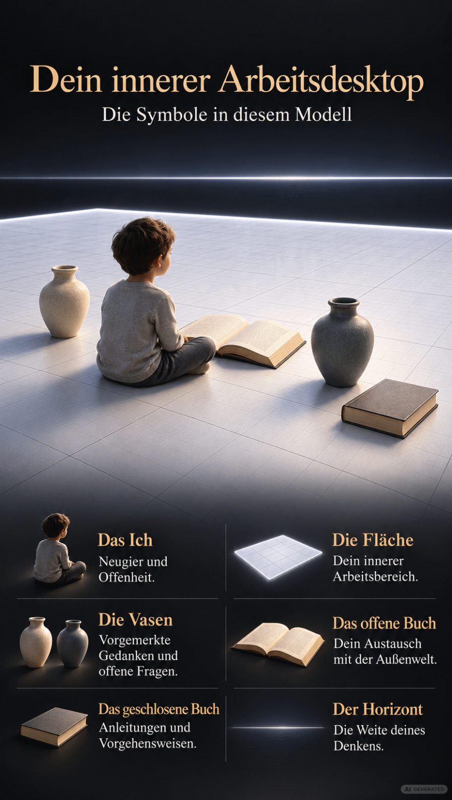 Arbeitsdesktop in der Innenwelt Ein Junge sitzt mit einigen Gegenständen auf einer weißen Fläche und schaut zum Horizont.