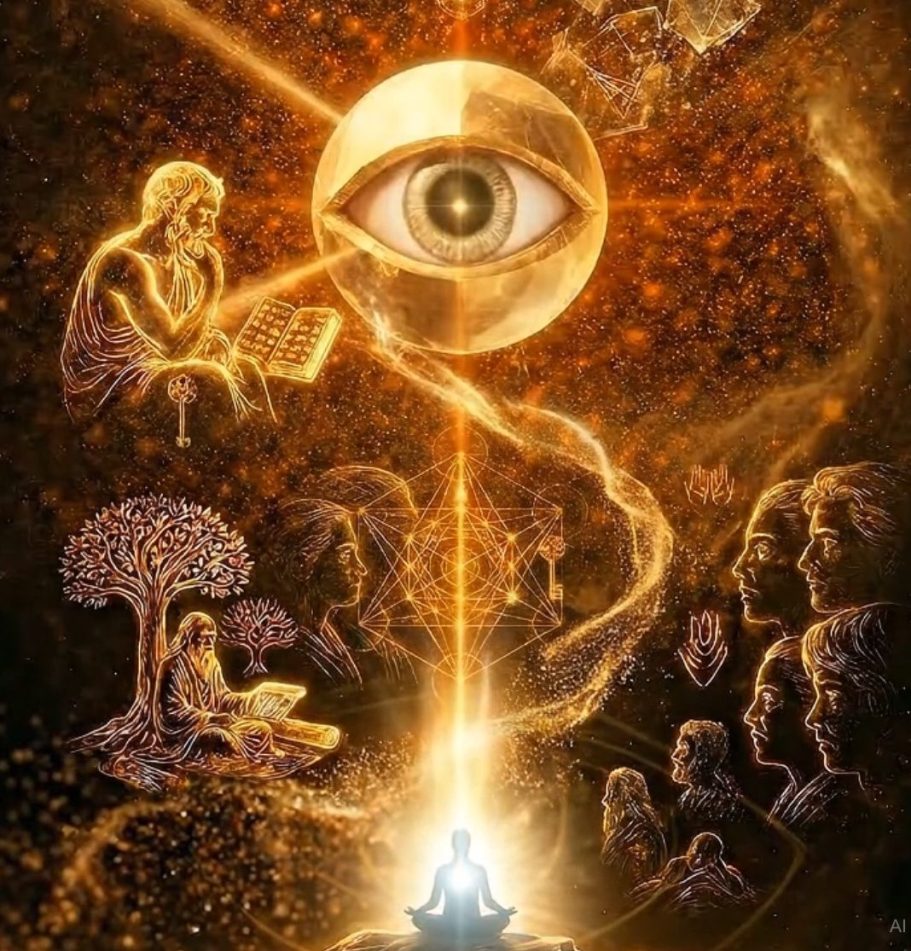 Der Beobachter Spirituelle Szene mit einem Auge, Menschen und symbolischen Elementen, die Wissen darstellen.