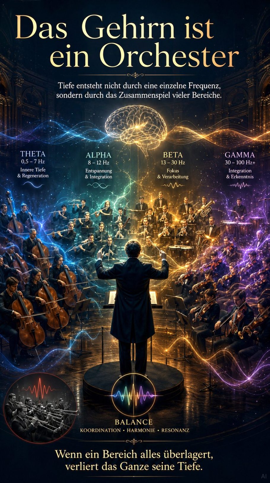 Illustration, die das Gehirn mit einem Orchester vergleicht, zeigt verschiedene Funktionen und Abläufe.