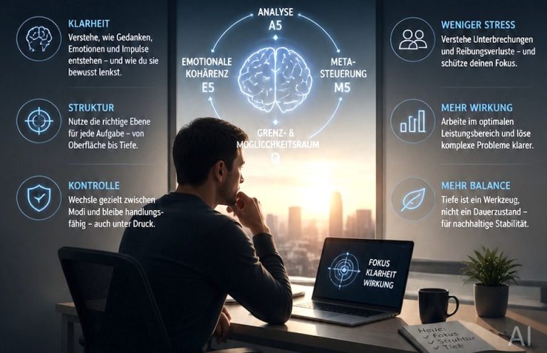 Mann sitzt vor Laptop, schaut auf Stadtansicht und Grafiken zur künstlichen Intelligenz.