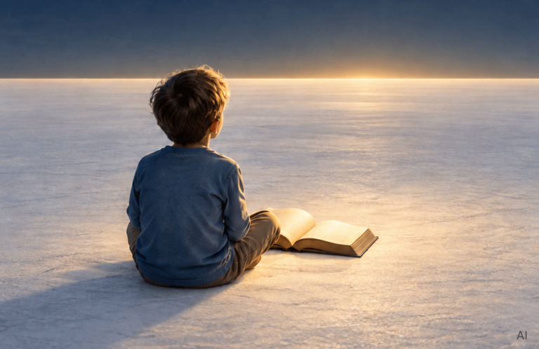Ein Kidn sitzt neben einem Buch und schaut auf den Horizont wo die Sonne unter geht.