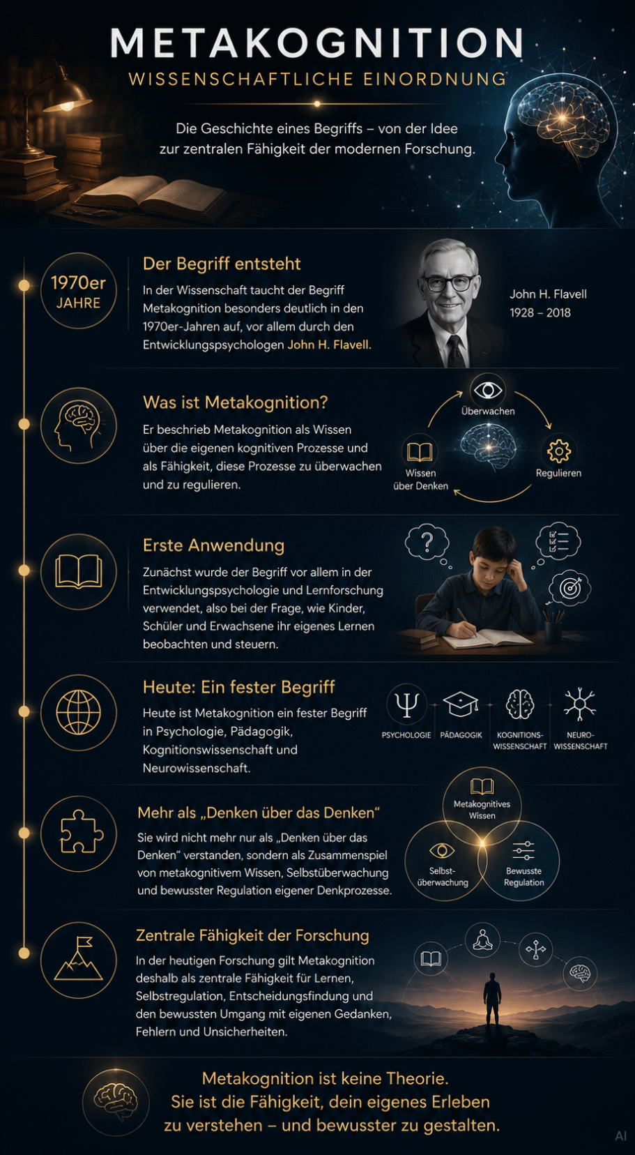 Geschichte Metakognition Infografik über Metakognition mit Definitionen, Beispielen und Anwendungsbereichen.