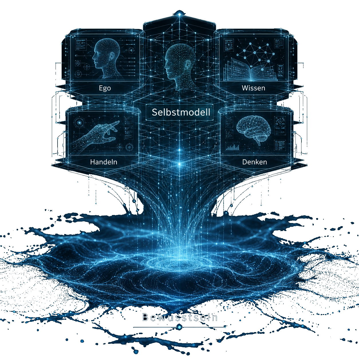 Diagramm mit Datenpunkten zu Gedanken, Emotionen und Erkenntnissen in blauer Farbpalette.