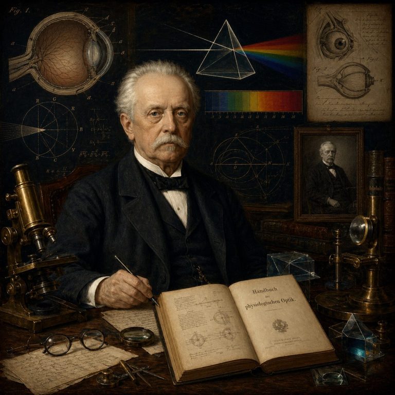 Ein Wissenschaftler sitzt mit Mikroskopen, einem Buch und Diagrammen zur Optik.