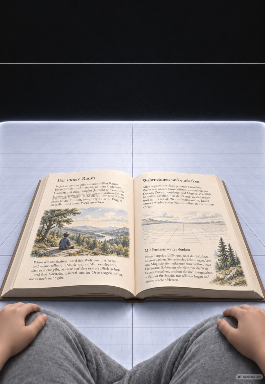 Der Horizont Jemand sitzt vor einem offenen Buch und schaut auf eine Linie am Horizont