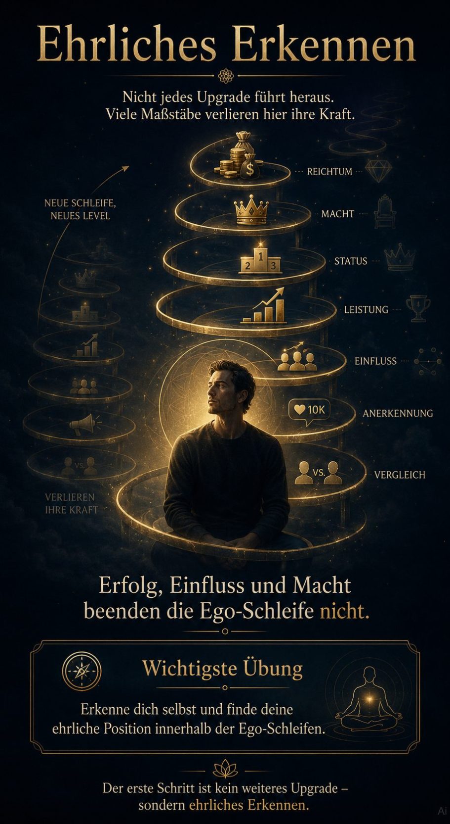 Mensch in nachdenklicher Pose, umgeben von Symbolen für Erkenntnis und Erfolg.
