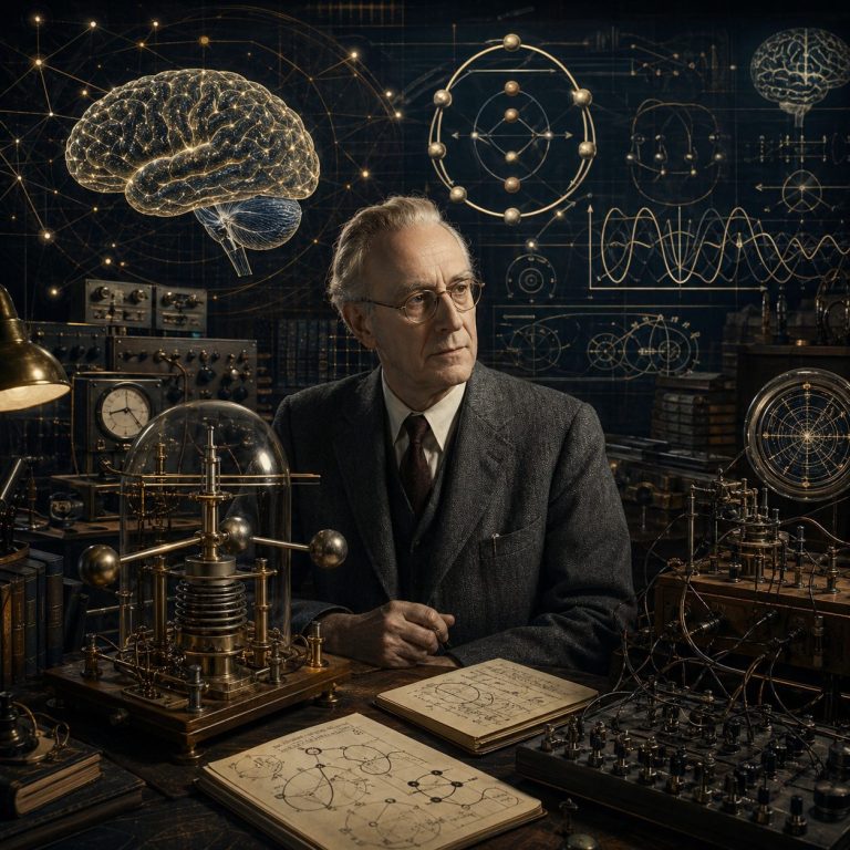 Ein Mann in Anzug sitzt vor wissenschaftlichen Instrumenten und Grafiken über Gehirn und Physik.