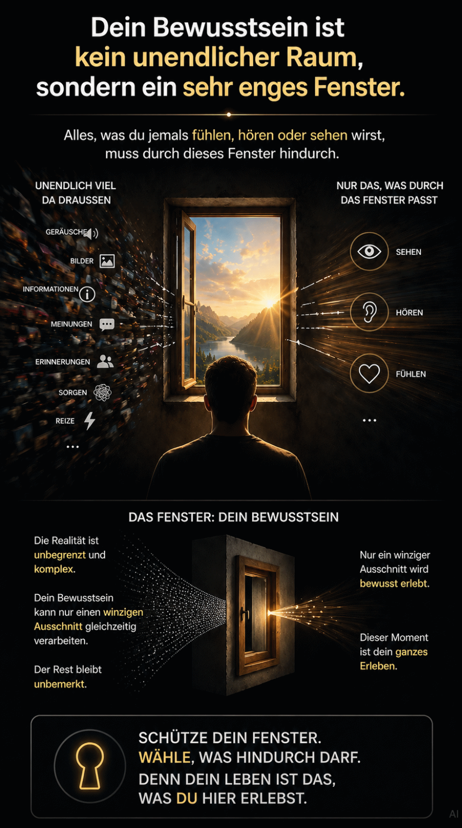 Das Egofenster Ein Mensch steht vor einem offenen Fenster mit Informationen über Bewusstsein und Freiheit.
