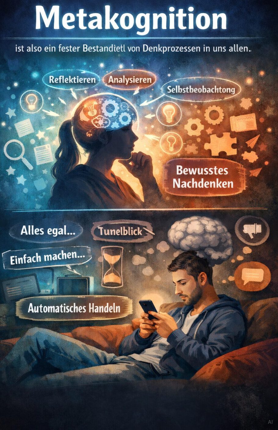 Denken ueber das Denken Ein Mann nutzt sein Smartphone, umgeben von Symbolen zur Metakognition.