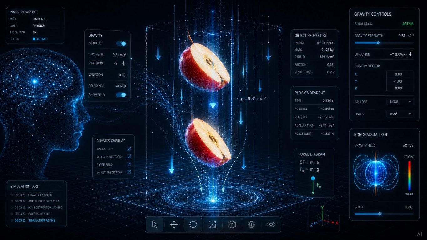 Apfel fallt zu boden Zwei digitale Äpfel schweben über einem holografischen Display mit Daten und Grafiken.