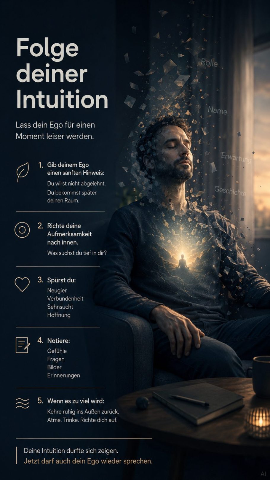 Übung 2 erklärt Mann meditiert in einem dunklen Raum, während Licht und Ideen um ihn herum schweben.