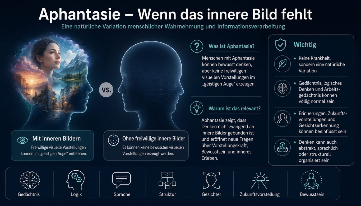 Grafik über Aphantasie mit zwei Köpfen, einer Frau und erläuternden Texten.