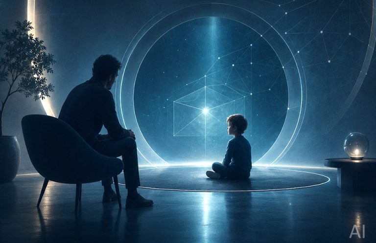 Ein Erwachsener sitzt auf einem Stuhl, während ein Kind meditativ im Lichtkreis sitzt.