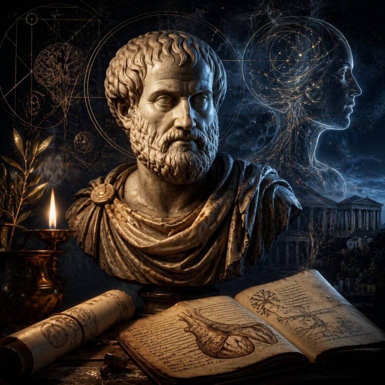 Büste eines Philosophen mit alten Schriften und einem Kerzenlicht im Hintergrund.