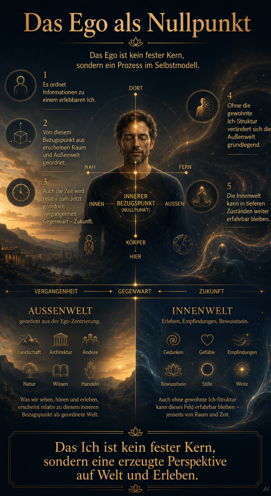 Ein Mann steht vor einer Landschaft, umgeben von symbolischen Diagrammen über Ego und Persönlichkeit.