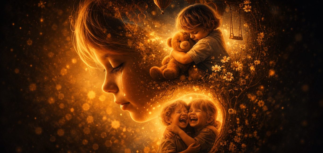 Kindheit Bild Eine goldene Silhouette eines Mädchens umgeben von abstrakten, zärtlichen Kindheitsbildern.