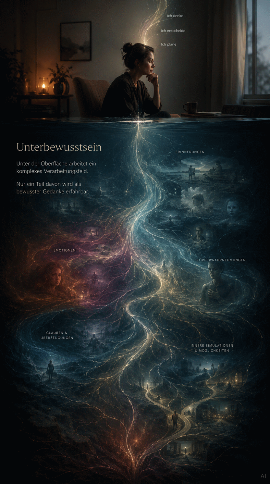 Unterbewusstsein Eine Person sitzt nachdenklich, umgeben von einem leuchtenden, abstrakten Diagramm.