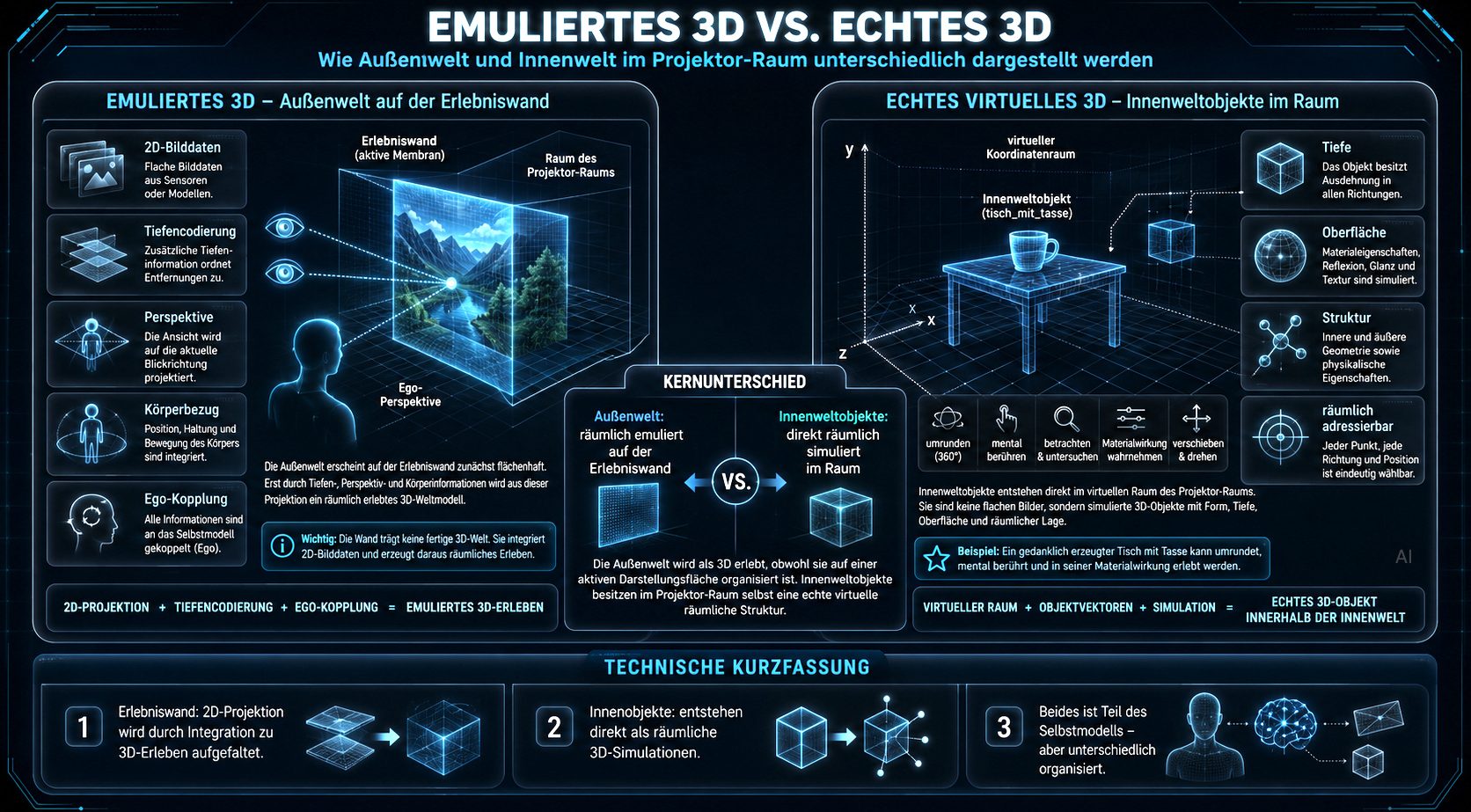Wie 3D erleben entsteht Vergleich zwischen Emulation und echtem 3D, mit visuellen und textlichen Informationen.