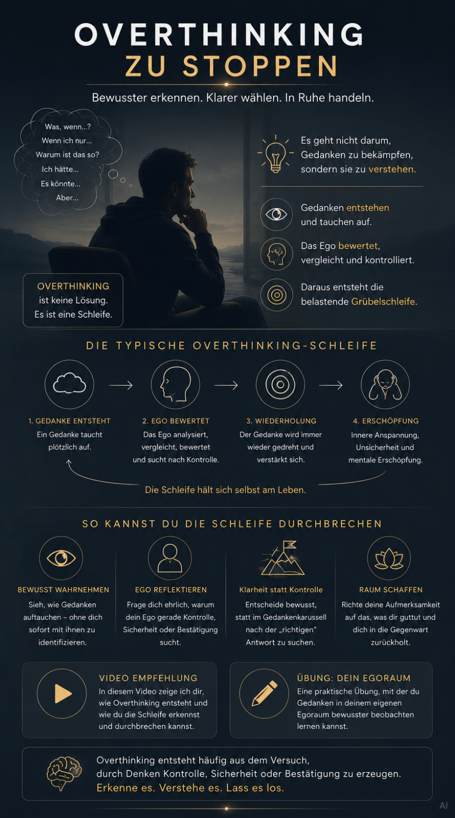Overthinking Infografik zu Strategien gegen Overthinking mit Tipps und positiven Affirmationen.