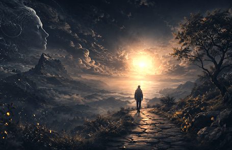 Menschliche Silhouette sitzt in einem Raum und betrachtet eine projizierte, futuristische Landschaft.
