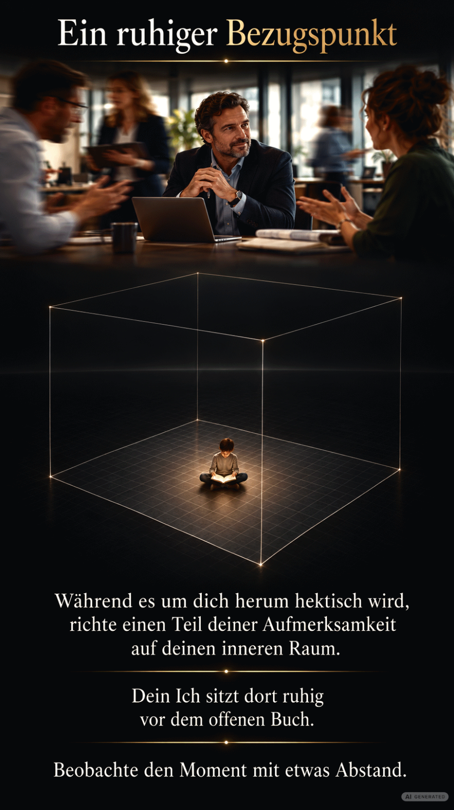 Ein ruhiger Bezugspunkt Ein Junge sitzt mit einem Buch allein im Raum. Parallel sitzen 3 Menschen gemeinsam an einem Tisch im oberen Teil des Bildes.