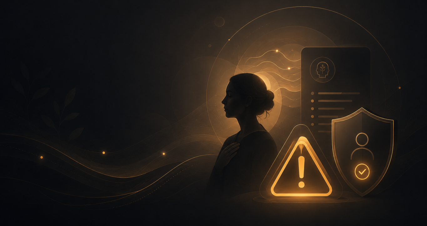 Disclamer Bild Silhouette einer Frau mit Sicherheits- und Warnsymbolen vor dunklem Hintergrund.