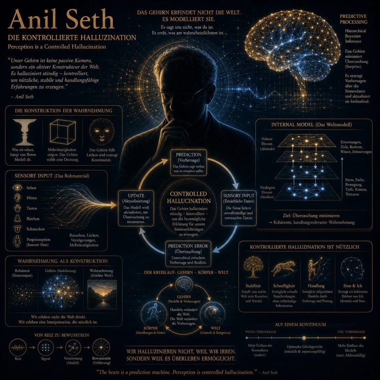 Diagramm über Anil Seth und die Wissenschaft des Bewusstseins, mit visuellen Elementen und Informationen.