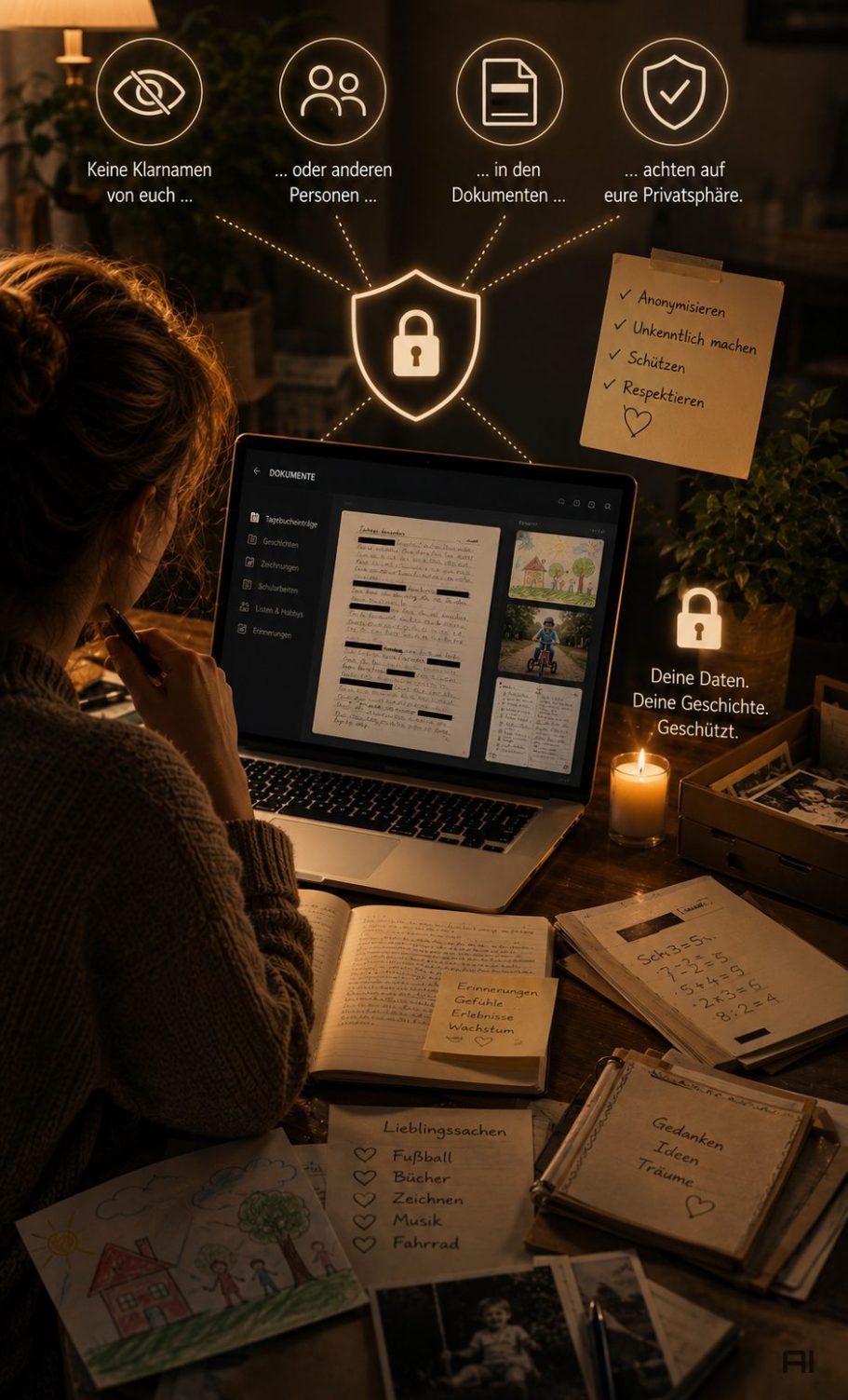 Anleitung Material Kindheit Ein Schreibtisch mit laptop, Notizen, Kerze und dekorativen Elementen in warmem Licht.