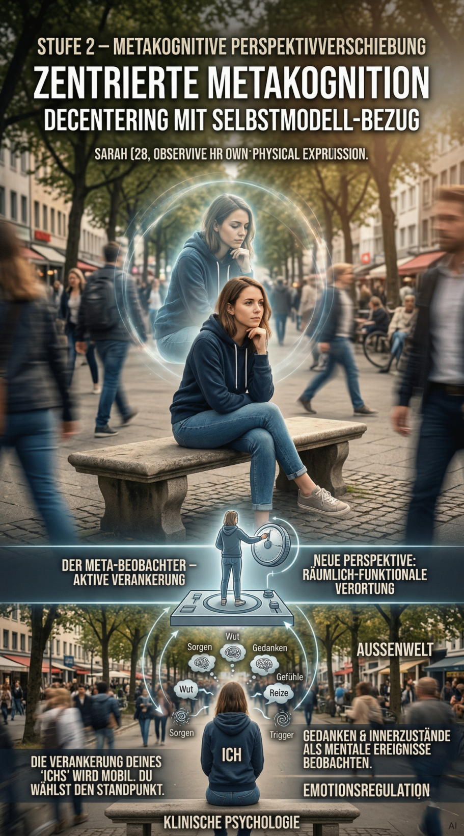 Stufe 2 Metakognition Mensch in urbaner Umgebung, umgeben von grafischen Metakognitionssymbolen.