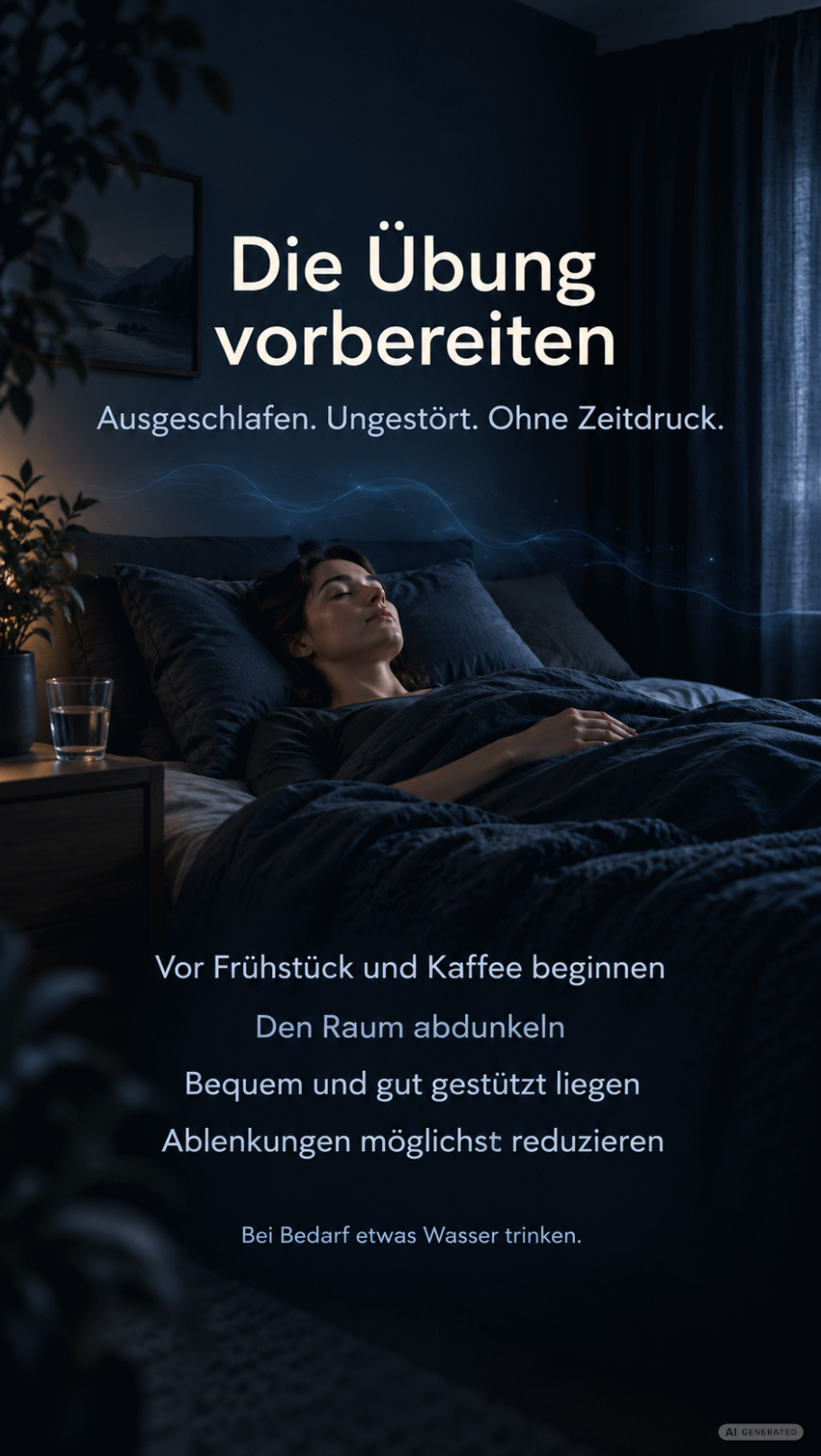 Übung vorbereiten Frau liegt im Bett und bereitet sich auf die Übung vor. Mit Erklärung im Bild