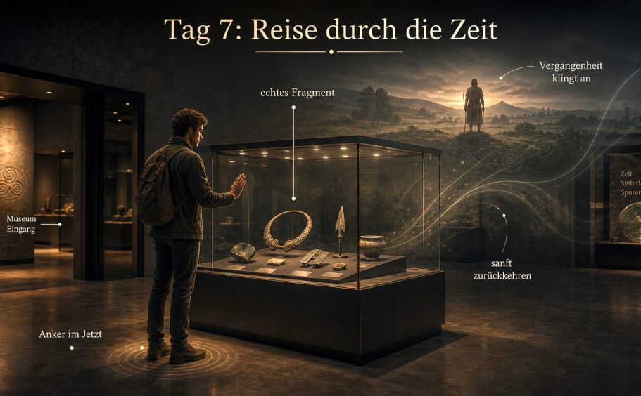 Zeitreise Mental Mann betrachtet Vitrine mit historischen Artefakten und Zeitreise-Themen.