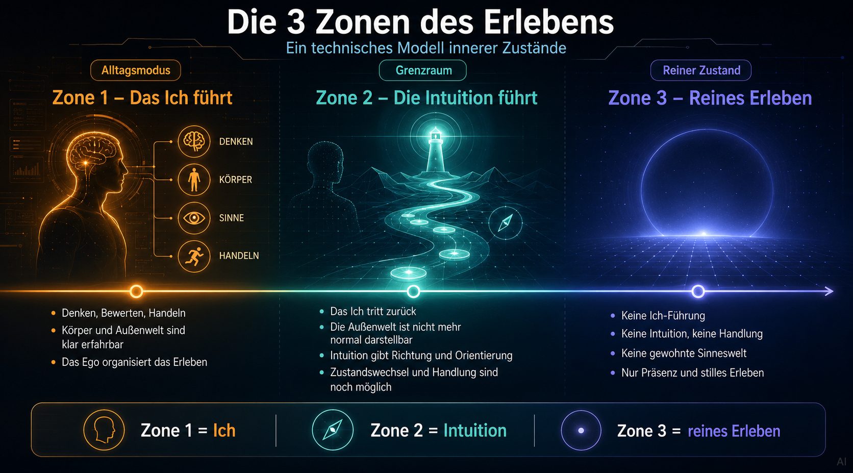 Zonen Details Diagramm der drei Zonen des Lebens: persönliche, zwischenmenschliche und spirituelle Entwicklung.