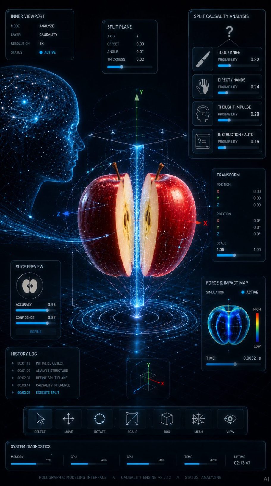 Apfel Teilen Illustration einer digitalen Darstellung eines Apfels mit technischen Daten und Sensoren.