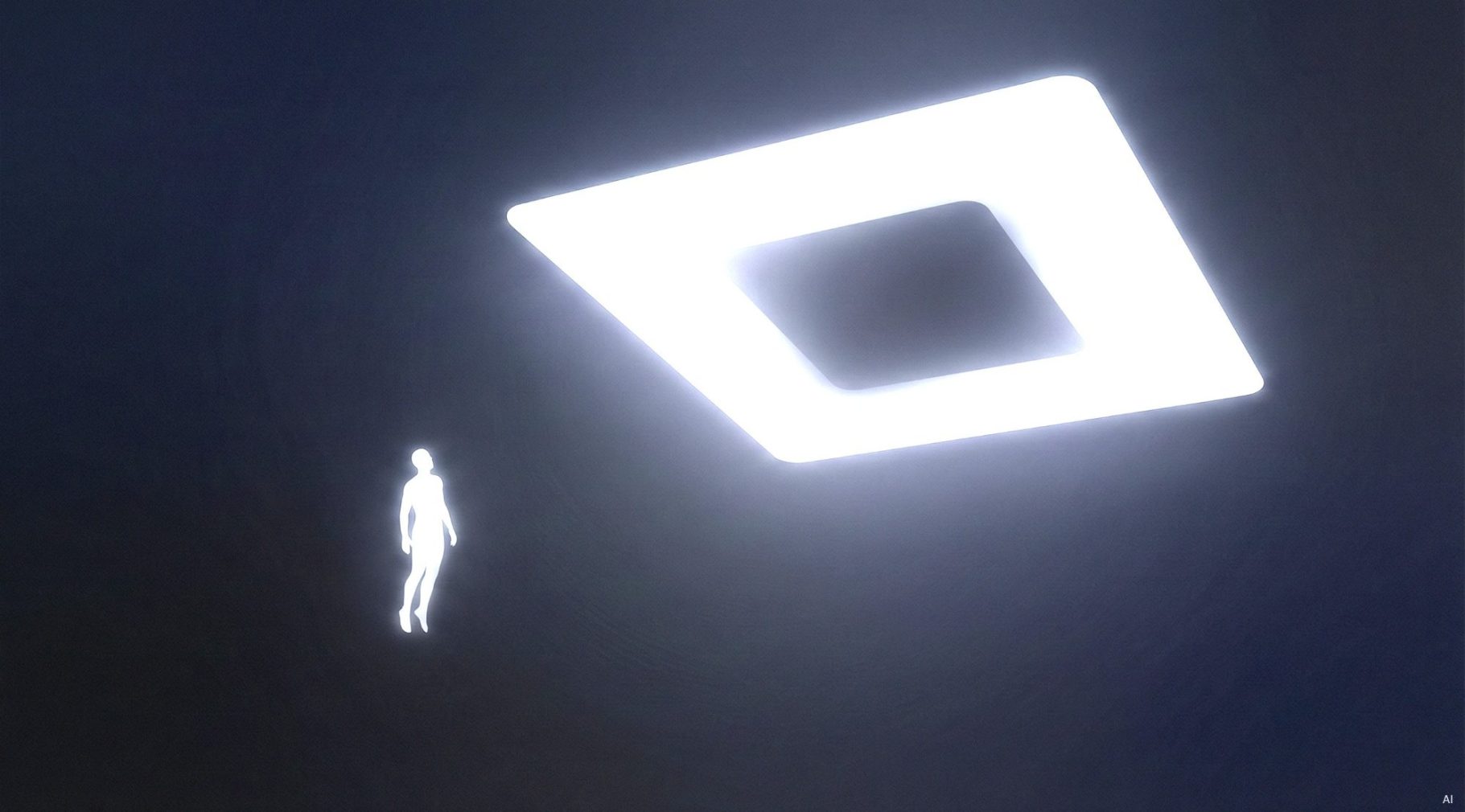 Visueller Restmarker Eine leuchtende, quadratische Form schwebt über einer silhouettenhaften Figur.